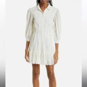 VERONICA BEARD KYLAN BUTTON FRONT COTTON 3/4 SLEEVE EYELET WHITE MINI DRESS 6